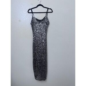 Haute Monde Silver Sequin Slip Dress Large Slinky V-Back Cocktail Event